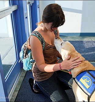 young woman petting a service animal