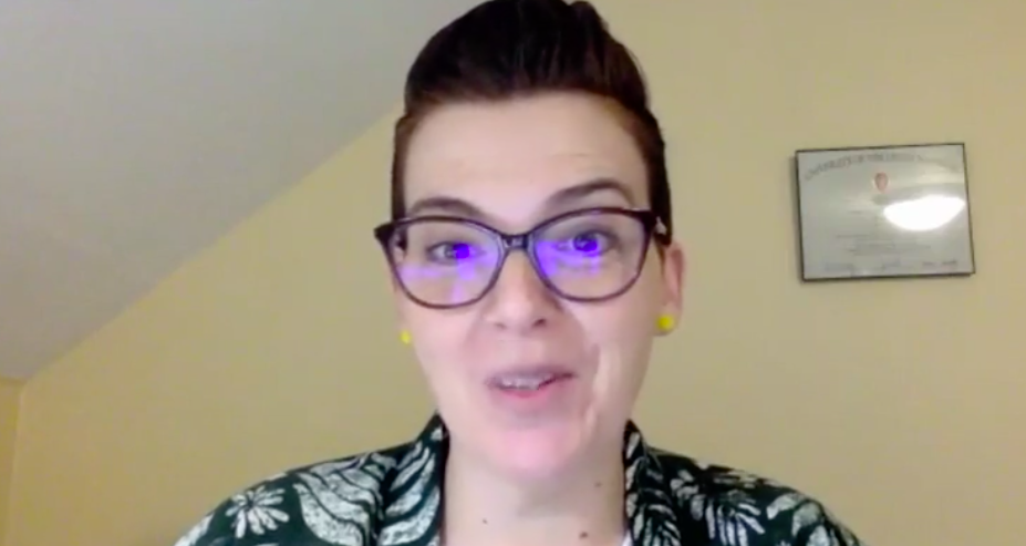 Annie Tulkin, glasses, faux hawk, glasses speaking on zoom