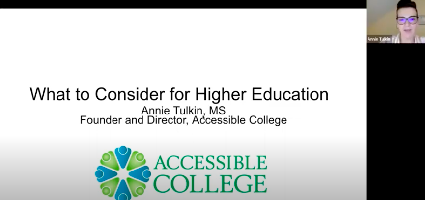 Power point slide: What to consider for Higher Education. Small picture of Annie Tulkin topi right, wearing a stripped shirt and glasses.