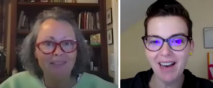 Left Lorraine Woodward: shoulder length grey hair, read glasses, green top, smiling. Right-Annie Tulkin, faux hawk hiar, brown glasses, dark top, mouth open smile.