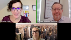 Zoom screen picture. Annie Tulkin top left, Scott Marken-top right, and Adrienne Frumberg below.
