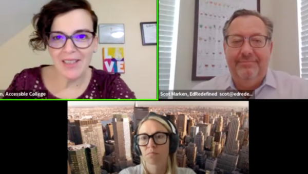 Zoom screen picture. Annie Tulkin top left, Scott Marken-top right, and Adrienne Frumberg below.