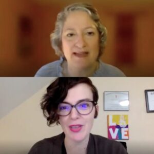 Top: Elizabeth Ralston. White woman with grey hair. Bottom: Annie Tulkin middle aged woman. Read hair glasses.