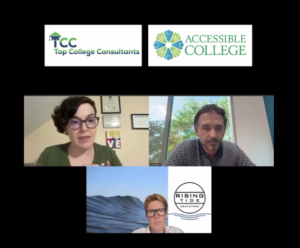 Top College consultants and Accessible College picture of Annie Tulkin, Julie Loppenacher and Mike Barnes on a zoom screen